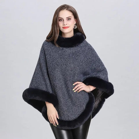 Poncho Noir Col Fausse Fourrure